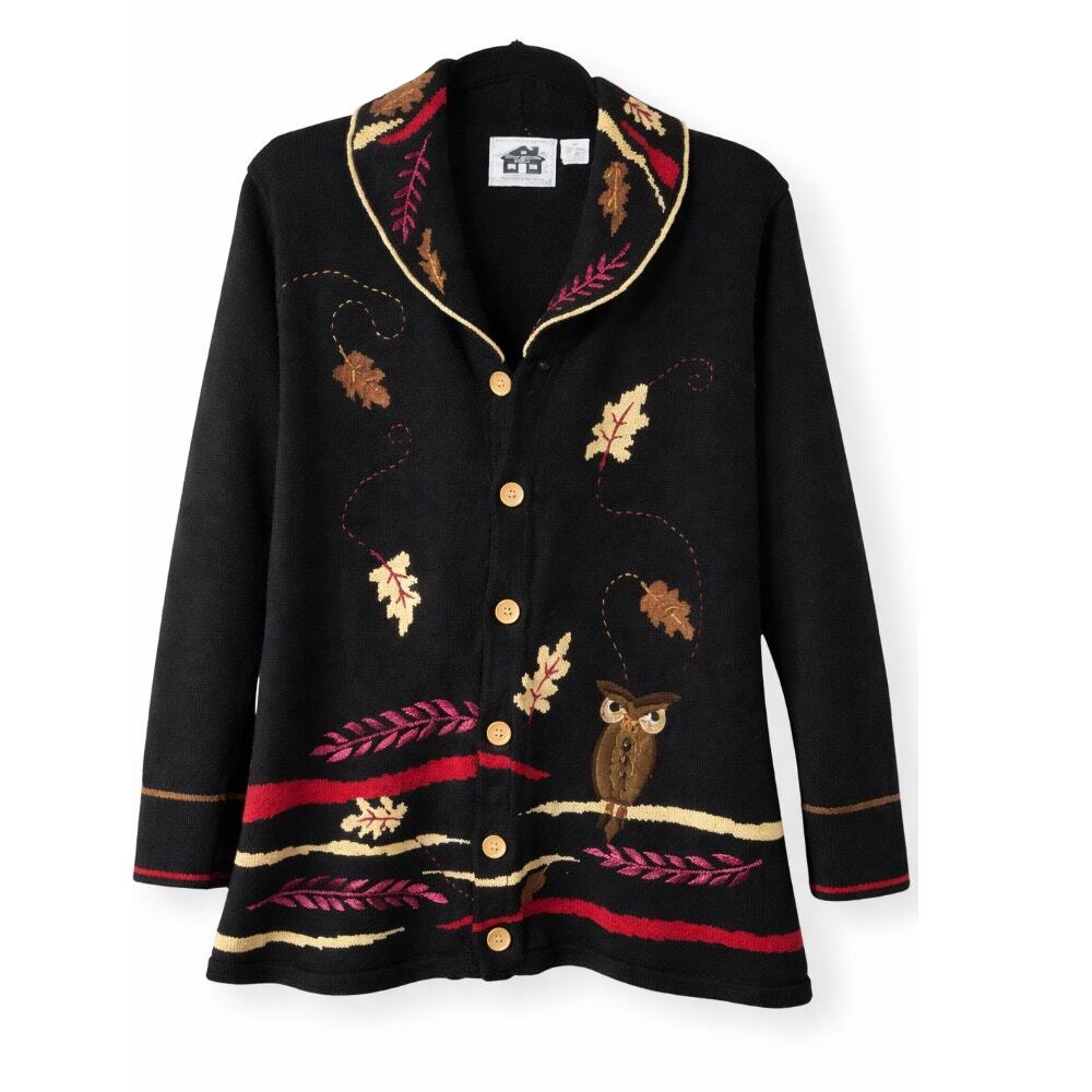 Vintage Storybook Knits Fall Leaves Embroidered Cardigan Sweater M